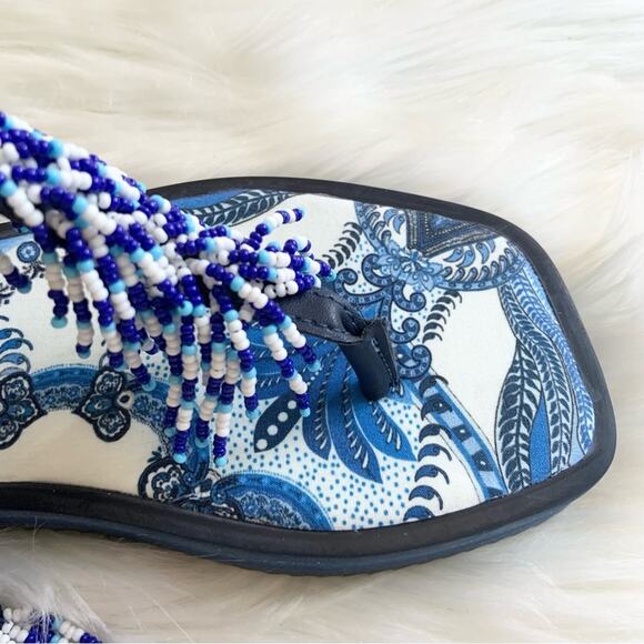 Farm Rio Blue Beaded Flat Lace Up Sandals White Vacation Size 6 NEW WITHOUT BOX - Picture 4 of 16